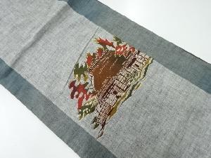 アンティーク　橋に家屋風景模様織出し袋帯（材料）